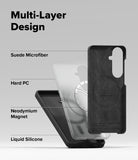 Galaxy S26 Case | Silicone Magnetic - Exploded view showing suede, hard PC, magnetic ring, and liquid silicone layers.