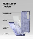 Galaxy S26 Case | Silicone Magnetic - Exploded view showing suede, hard PC, magnetic ring, and liquid silicone layers.