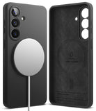 Galaxy S26 Case | Silicone Magnetic - Matte black magnetic phone case shown from front and back with a charging puck.