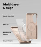 Galaxy S26 Case | Silicone Magnetic - Exploded view showing suede, hard PC, magnetic ring, and liquid silicone layers.