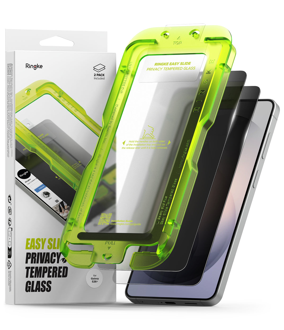 Galaxy S26 Plus Screen Protector | Easy Slide Privacy Tempered Glass - Galaxy S26 Plus Screen Protector - Privacy tempered glass with a neon green installation tray and retail packaging.