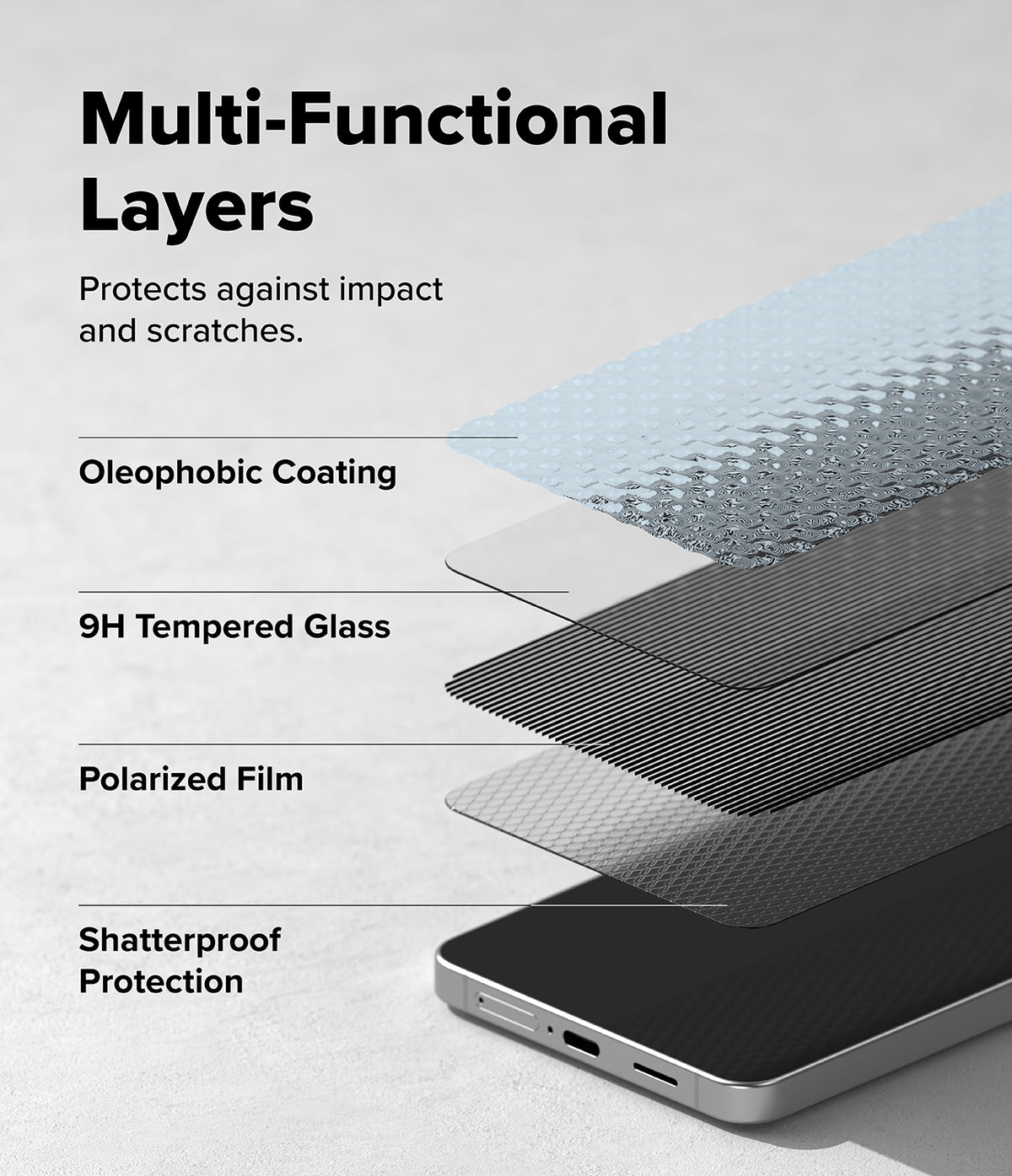 Galaxy S26 Plus Screen Protector | Easy Slide Privacy Tempered Glass - Galaxy S26 Plus Screen Protector - Exploded view showing multi-functional layers of a privacy screen protector on a phone.