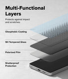 Galaxy S26 Plus Screen Protector | Easy Slide Privacy Tempered Glass - Galaxy S26 Plus Screen Protector - Exploded view showing multi-functional layers of a privacy screen protector on a phone.