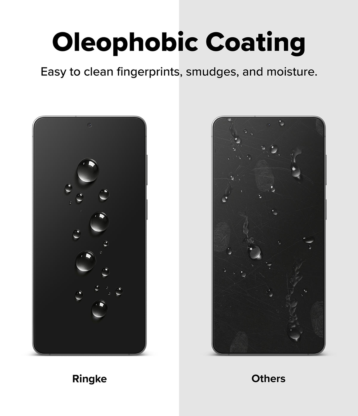 Galaxy S26 Plus Screen Protector | Easy Slide Privacy Tempered Glass - Galaxy S26 Plus Screen Protector - Comparison showing Ringke's clean water-beading surface versus a smudged, wet screen.