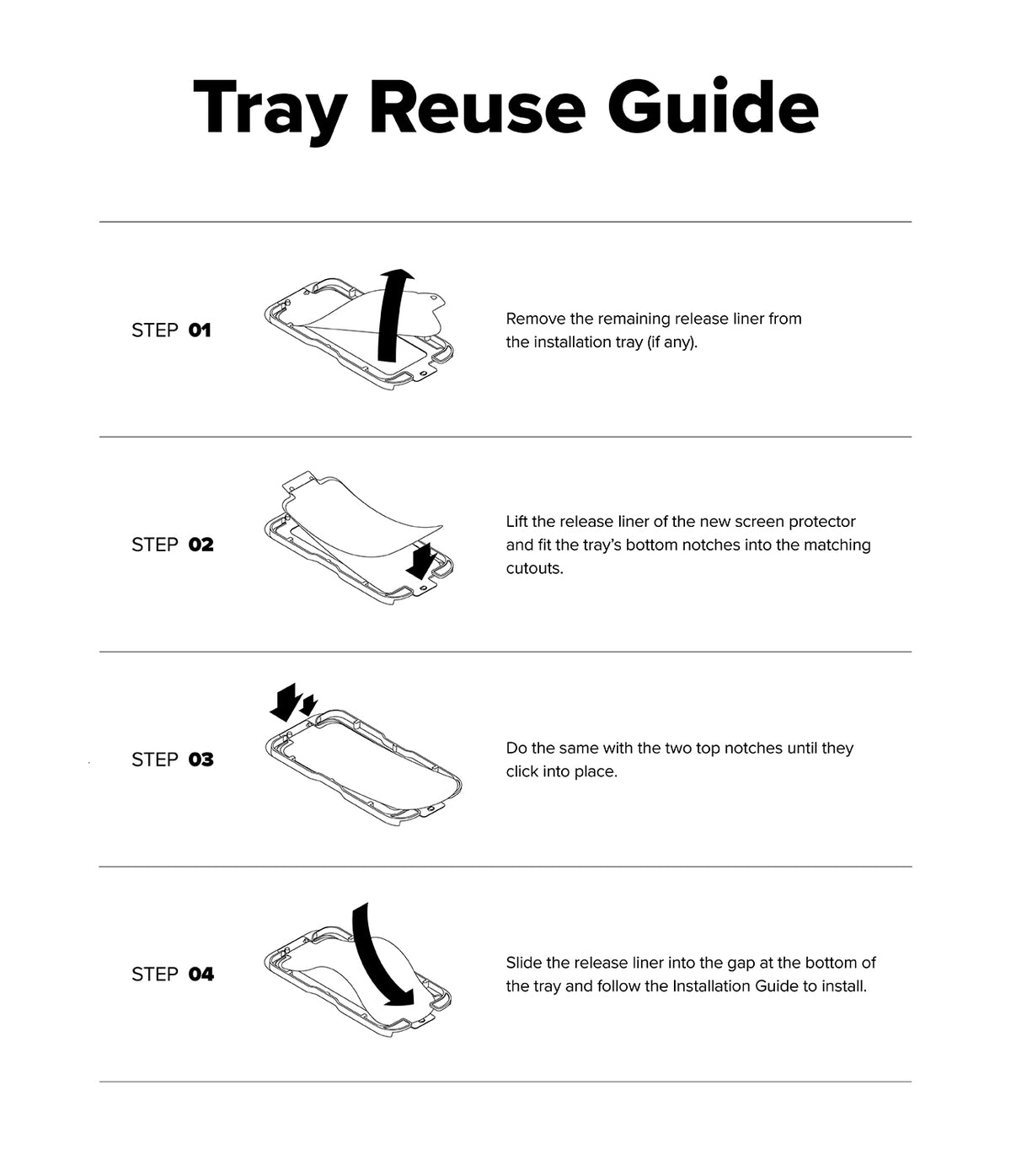 Galaxy S26 Plus Screen Protector | Easy Slide Privacy Tempered Glass - Galaxy S26 Plus Screen Protector - Four-step instructional guide showing how to reuse the installation tray.