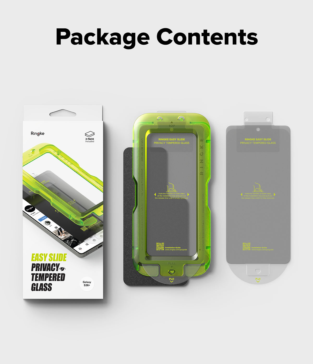 Galaxy S26 Plus Screen Protector | Easy Slide Privacy Tempered Glass - Galaxy S26 Plus Screen Protector - Packaging, green installation tray, and privacy tempered glass screen protector.