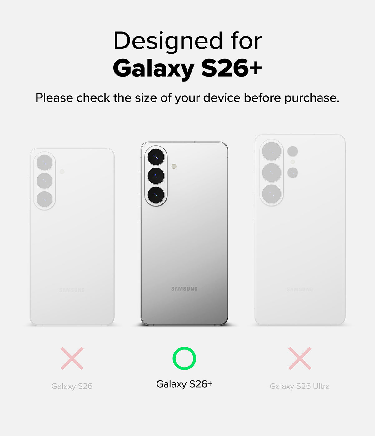 Galaxy S26 Plus Screen Protector | Easy Slide Privacy Tempered Glass - Galaxy S26 Plus Screen Protector - Comparison of three Samsung phones showing the S26+ is the correct model choice.