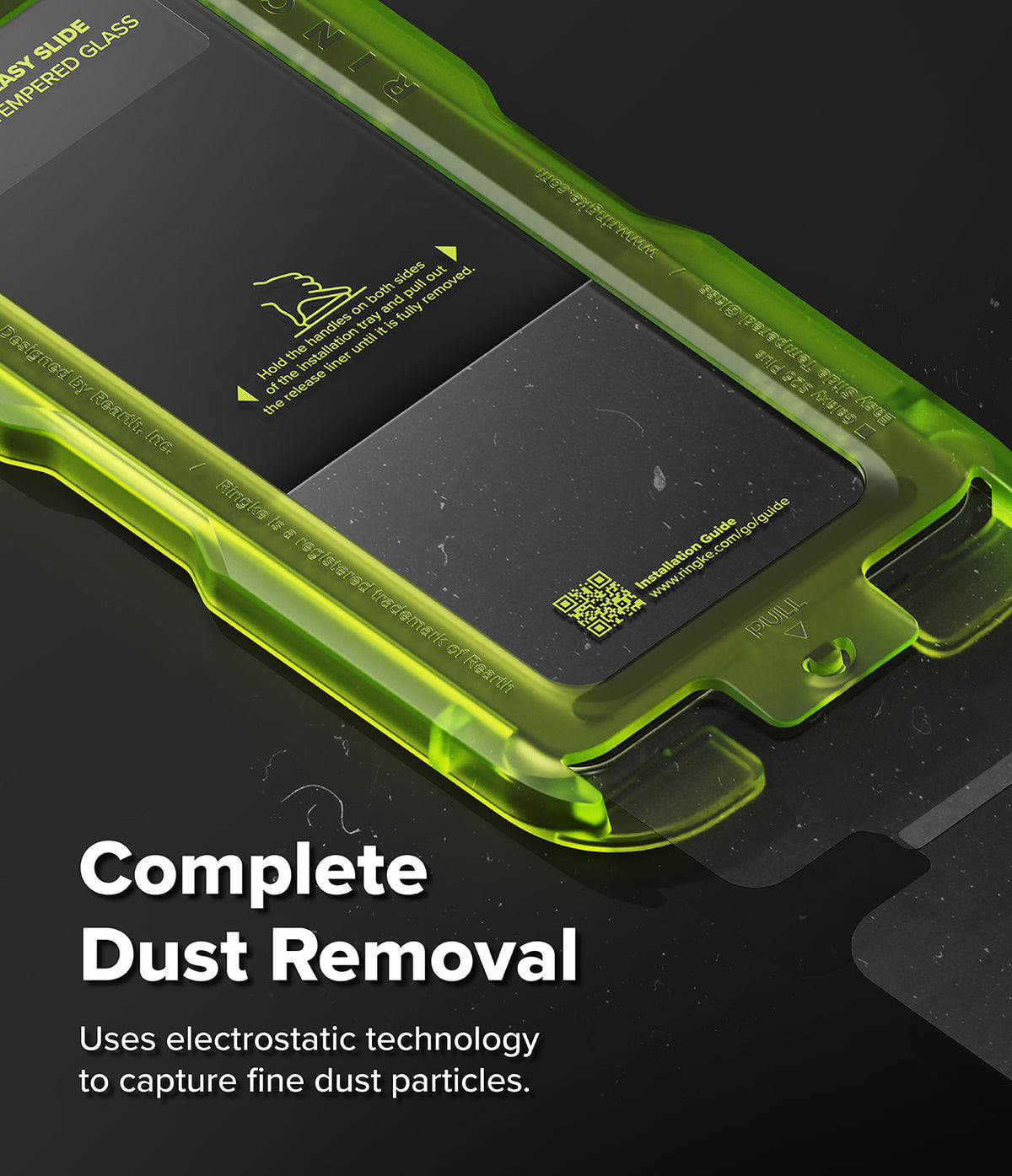 [Bundle] Galaxy S26 Plus | Onyx - Bundle Galaxy S26 Plus | Onyx - Green plastic screen protector installation tray with dust removal instructions.