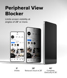 Galaxy S26 Plus Screen Protector | Easy Slide Privacy Tempered Glass - Galaxy S26 Plus Screen Protector - Three phones showing privacy glass visibility at 0, 28, and 40-degree viewing angles.