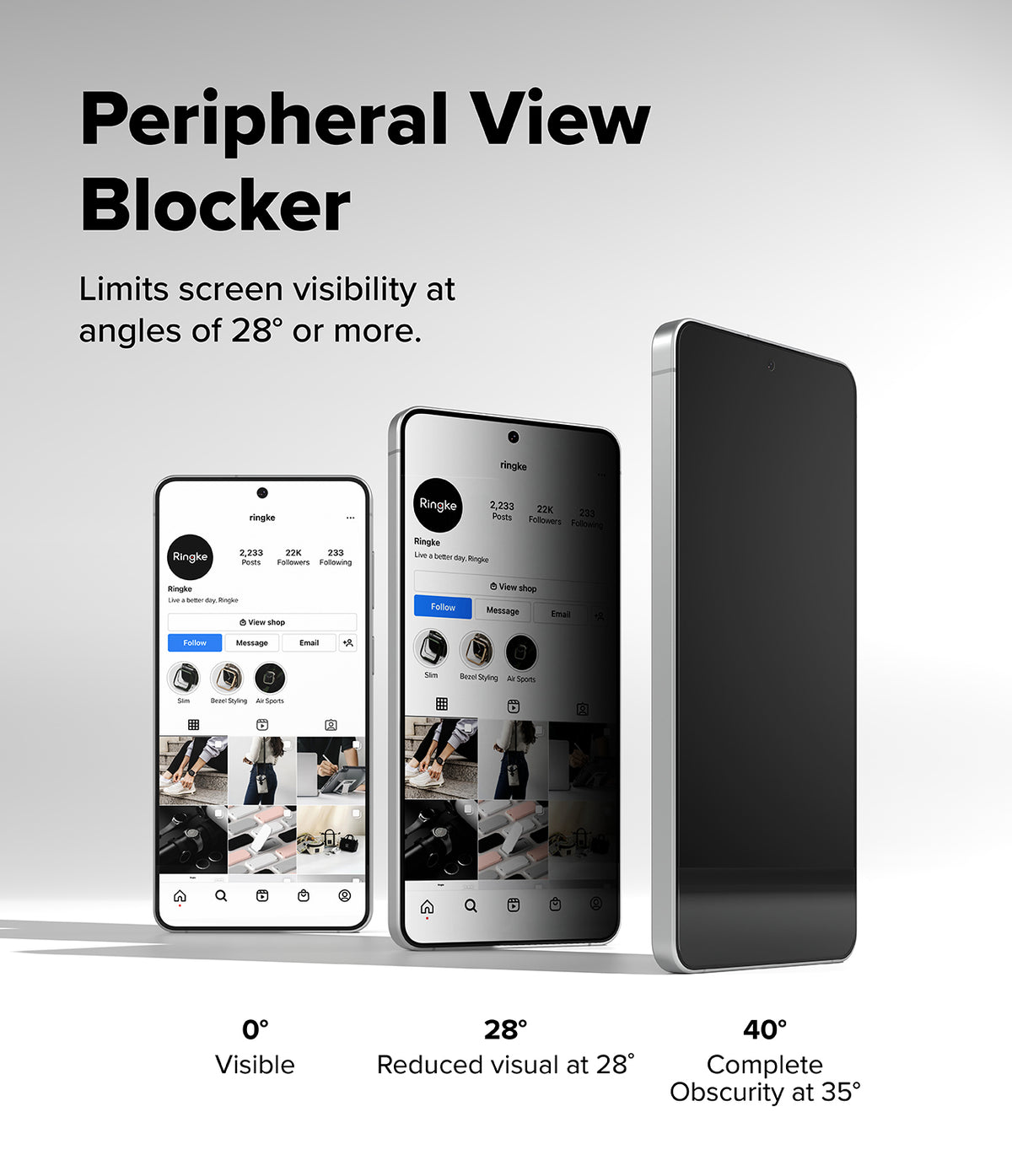 [Bundle] Galaxy S26 Plus | Silicone Magnetic - Three smartphones showing privacy screen visibility at 0, 28, and 40 degrees.