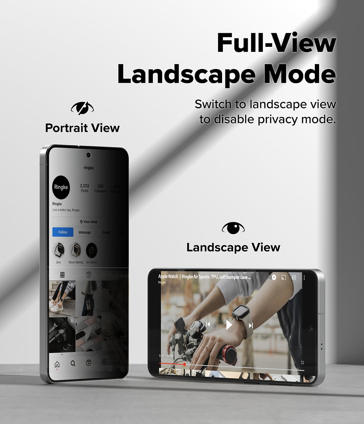 Galaxy S26 Plus Screen Protector | Easy Slide Privacy Tempered Glass - Galaxy S26 Plus Screen Protector - Comparison showing privacy mode in portrait view versus clear screen in landscape view.