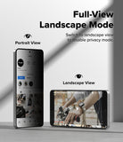Galaxy S26 Plus Screen Protector | Easy Slide Privacy Tempered Glass - Galaxy S26 Plus Screen Protector - Comparison showing privacy mode in portrait view versus clear screen in landscape view.