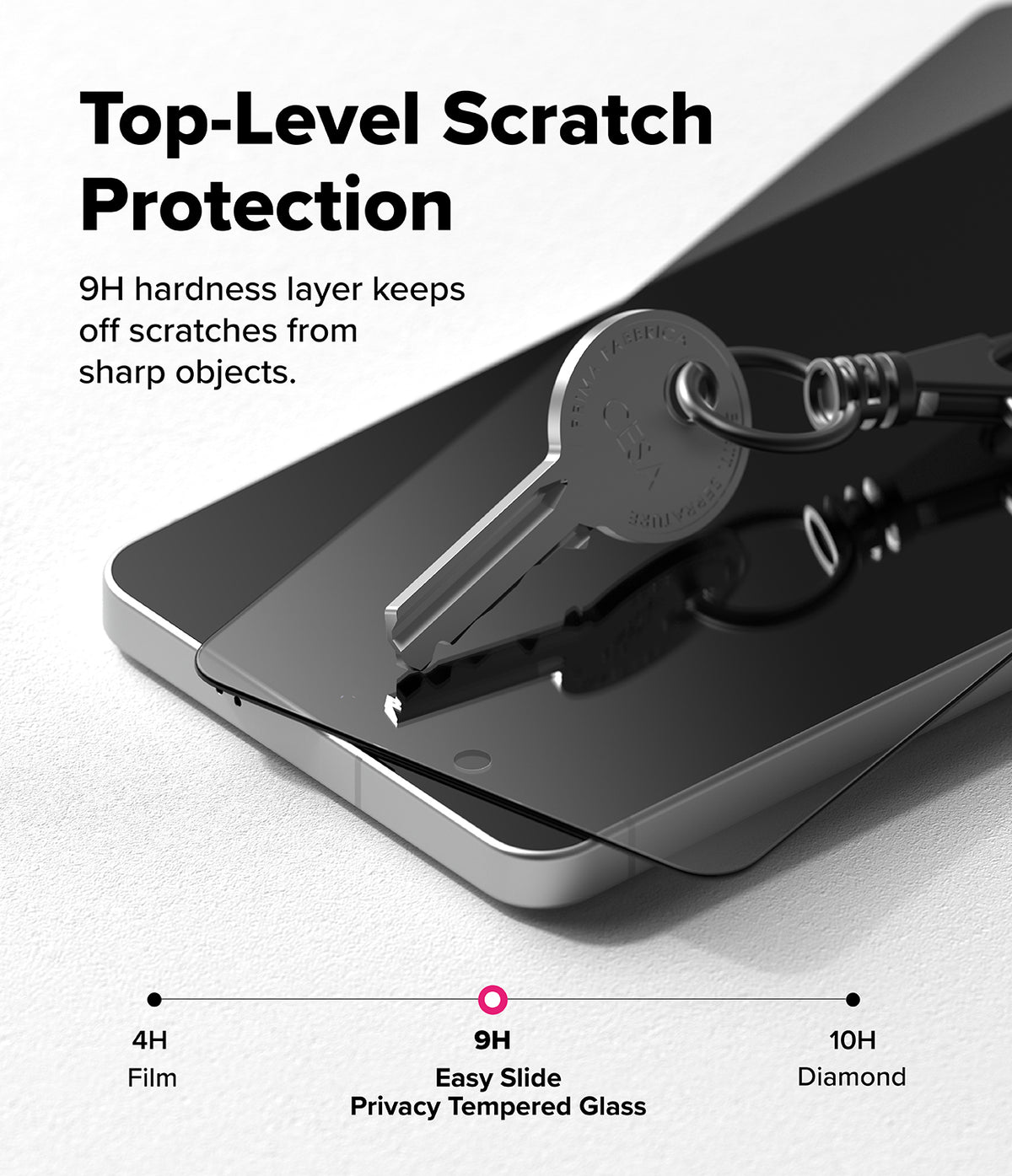 Galaxy S26 Plus Screen Protector | Easy Slide Privacy Tempered Glass - Galaxy S26 Plus Screen Protector - A metal key resting on a phone screen with a 9H hardness tempered glass protector.