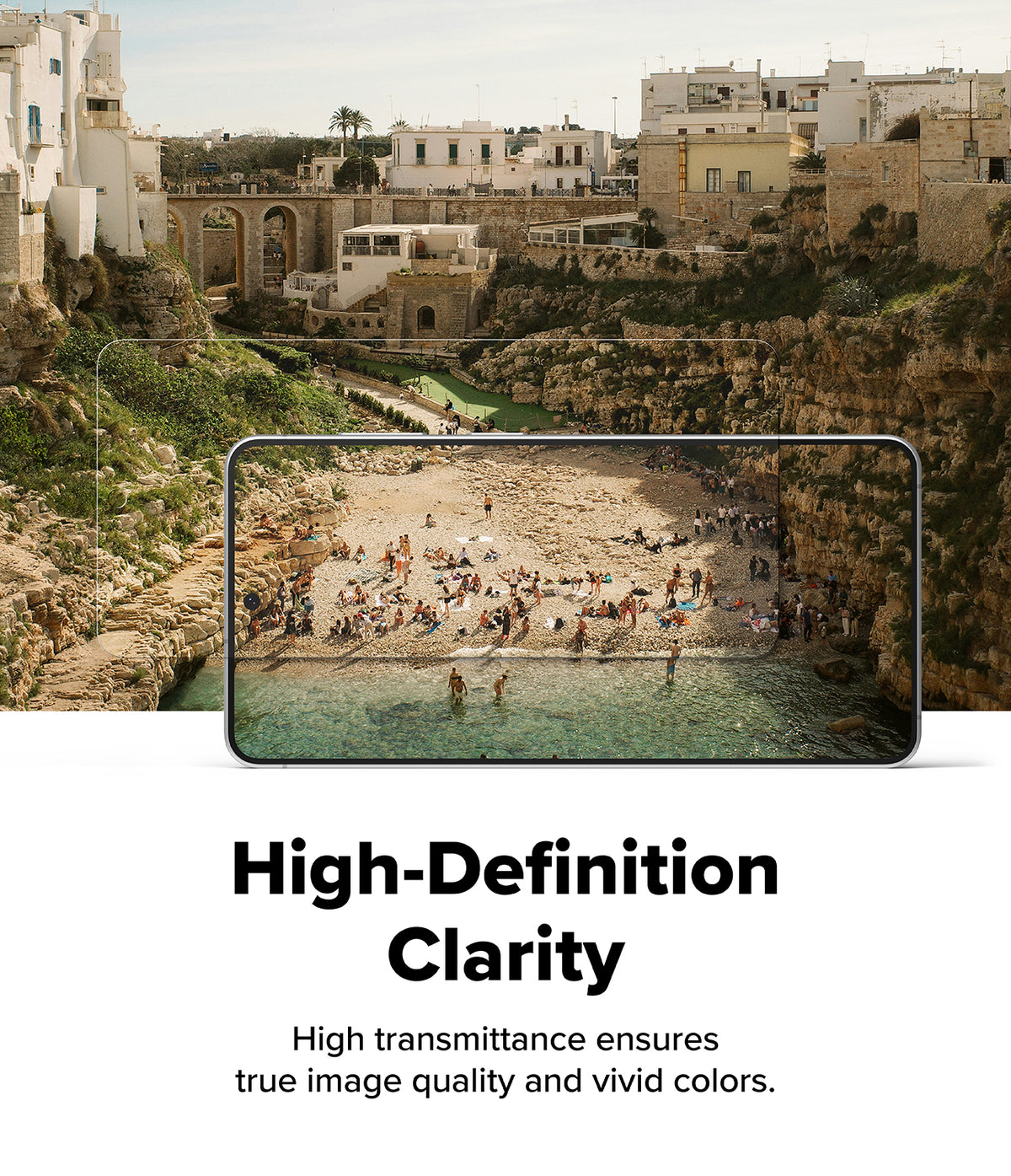 Galaxy S26 Plus Screen Protector | Easy Slide Privacy Tempered Glass - Galaxy S26 Plus Screen Protector - Smartphone displaying a vibrant beach scene through a clear tempered glass protector.