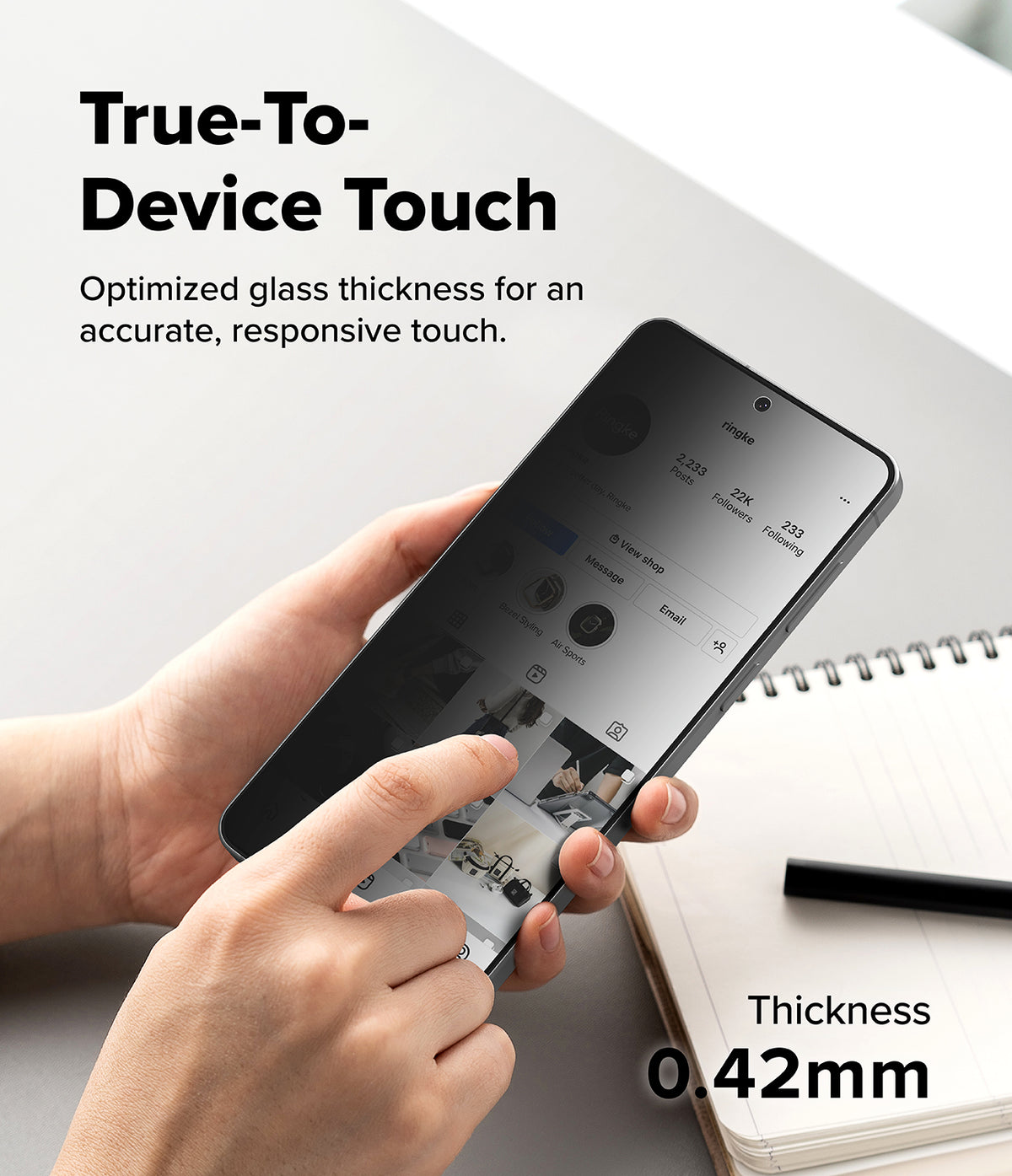 Galaxy S26 Plus Screen Protector | Easy Slide Privacy Tempered Glass - Galaxy S26 Plus Screen Protector - Hands holding a phone with a privacy screen protector showing 0.42mm thickness.