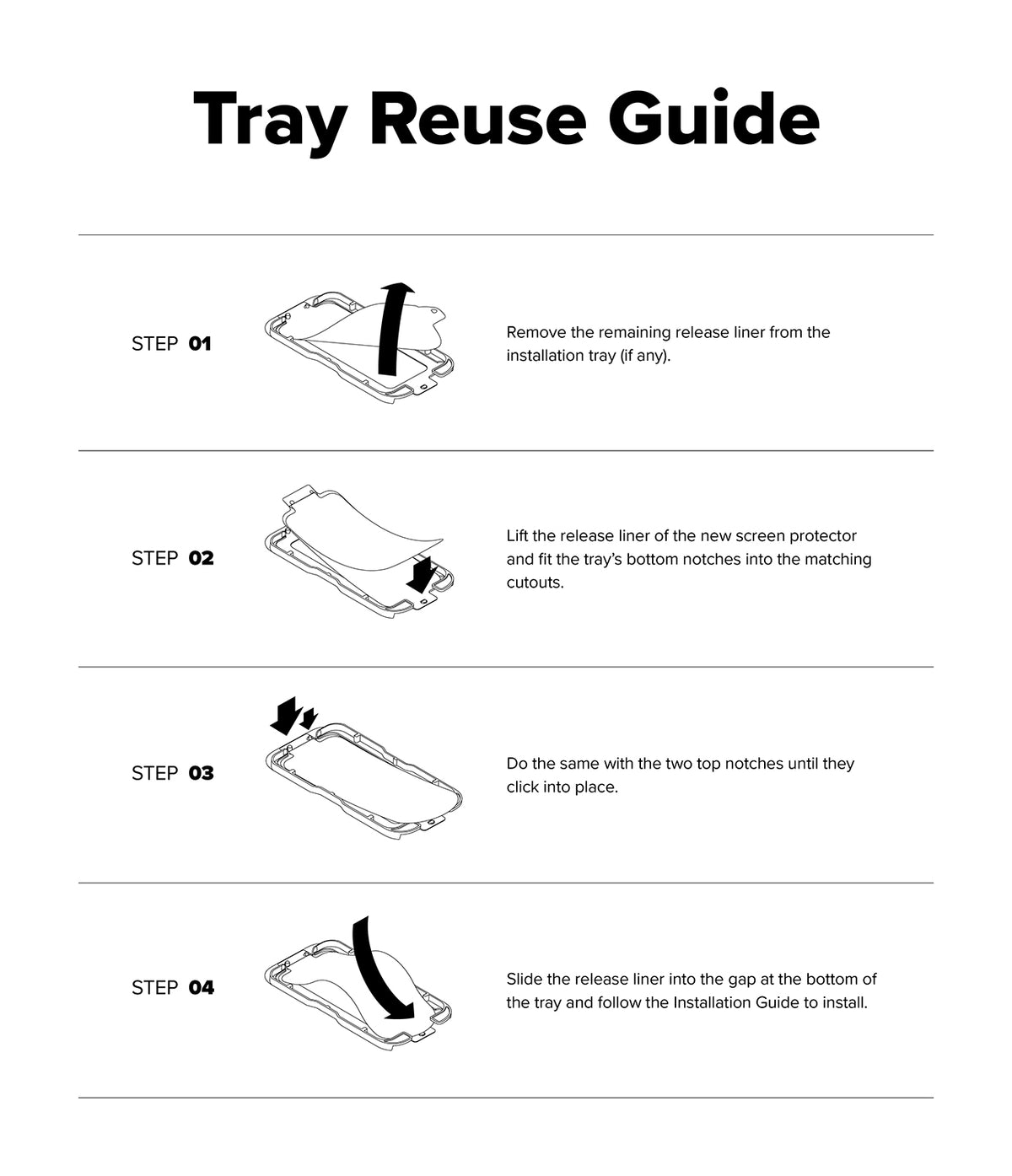 Galaxy S26 Plus Screen Protector | Easy Slide Tempered Glass - Galaxy S26 Plus Screen Protector - Four-step instructional diagram showing how to reuse the installation tray.