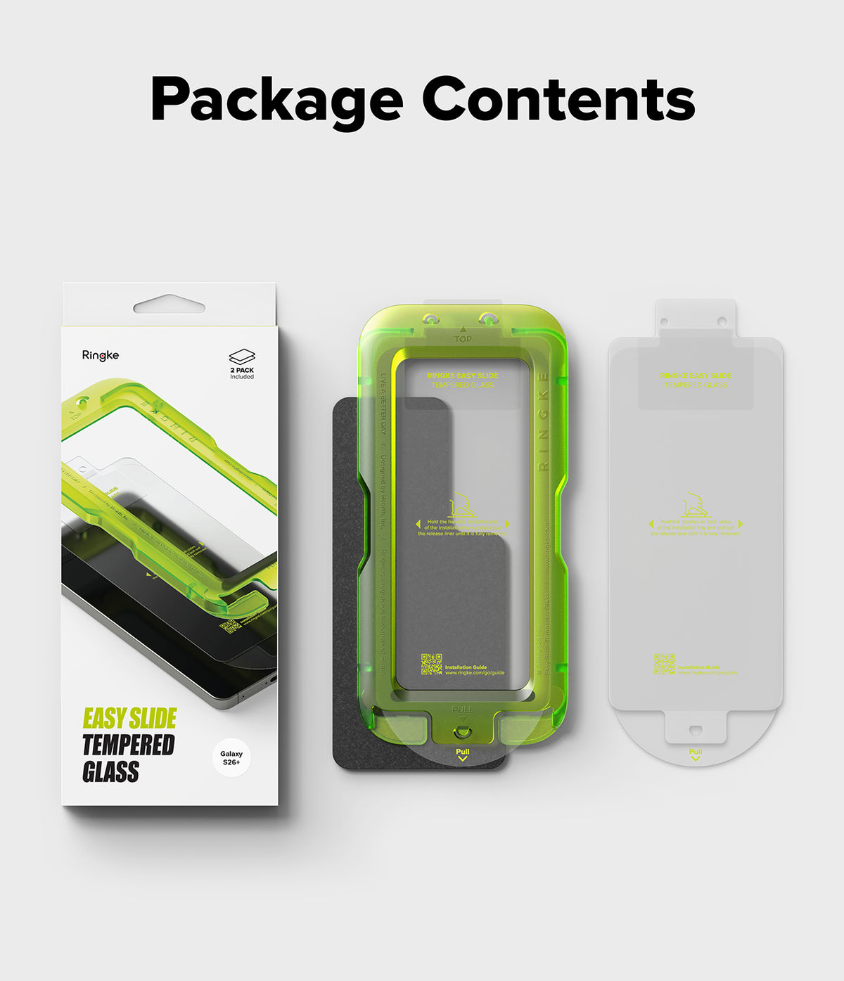 Galaxy S26 Plus Screen Protector | Easy Slide Tempered Glass - Galaxy S26 Plus Screen Protector - Package contents showing retail box, green installation tray, and screen protector.