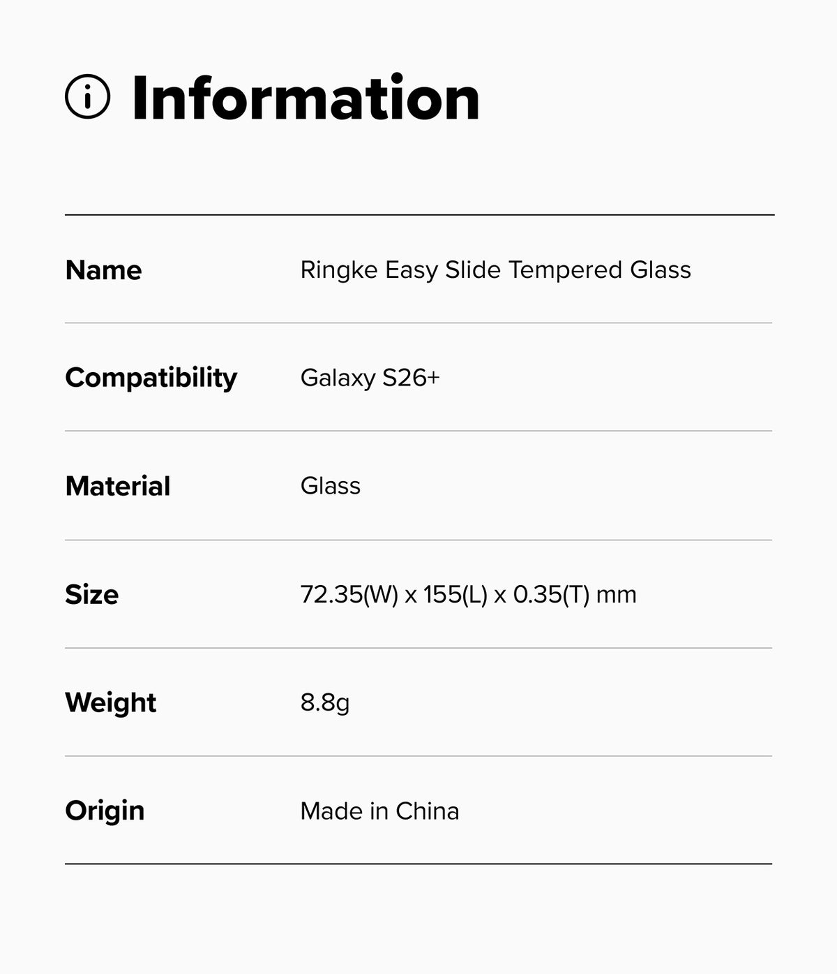 Galaxy S26 Plus Screen Protector | Easy Slide Tempered Glass - Galaxy S26 Plus Screen Protector - Information table listing product name, compatibility, material, size, weight, and origin.