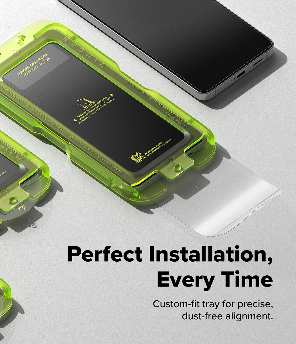 [Bundle] Galaxy S26 Plus | Silicone Magnetic - Galaxy S26 Plus | Silicone Magnetic - Neon green installation tray for applying tempered glass to a smartphone.