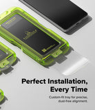 [Bundle] Galaxy S26 Plus | Fusion Design Magnetic - Galaxy S26 Plus | Fusion Design Magnetic - Neon green installation tray aligning a screen protector on a smartphone.