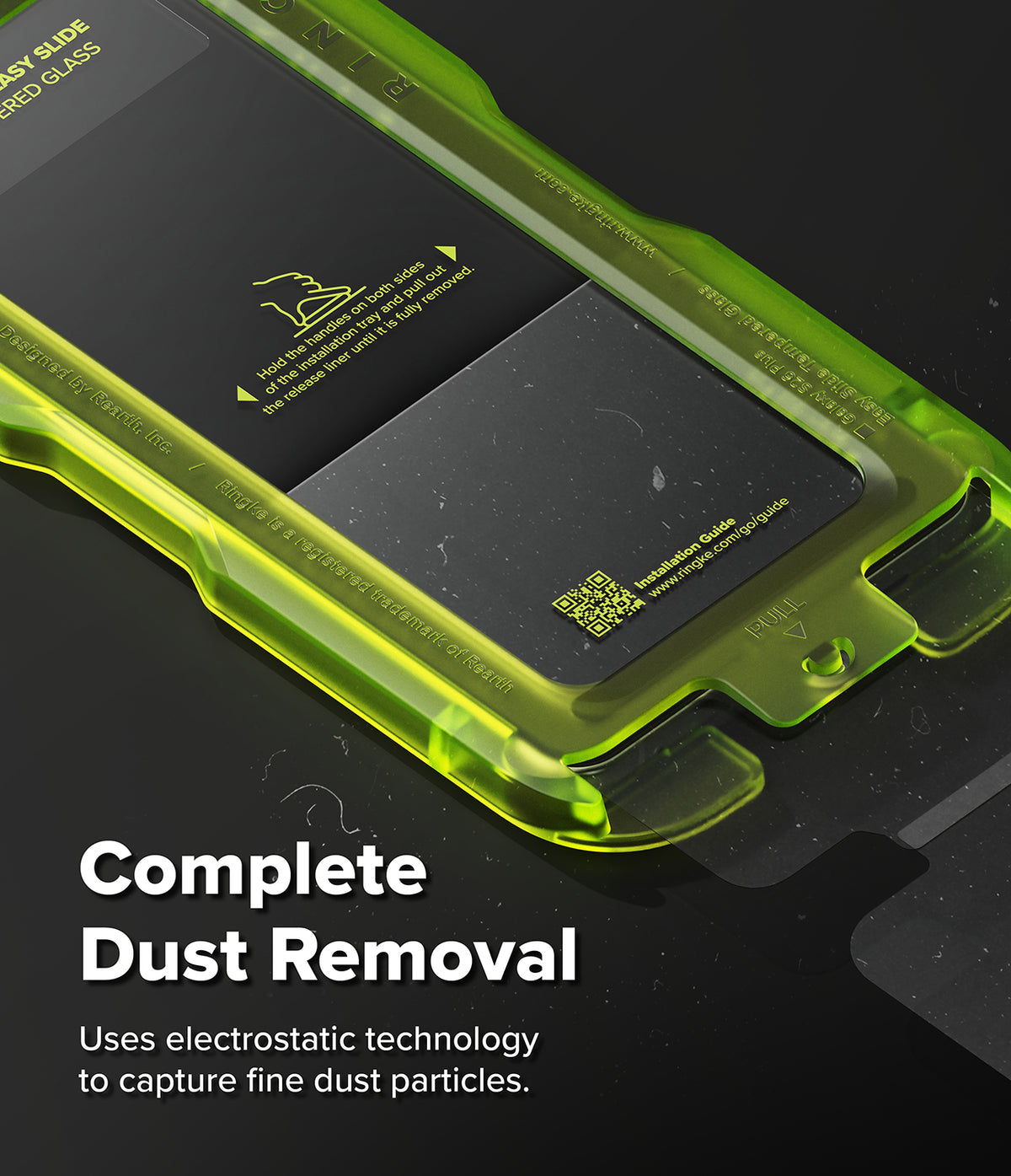 [Bundle] Galaxy S26 Plus | Fusion Magnetic - Galaxy S26 Plus | Fusion Magnetic - Neon green screen protector installation tray with dust removal instructions.