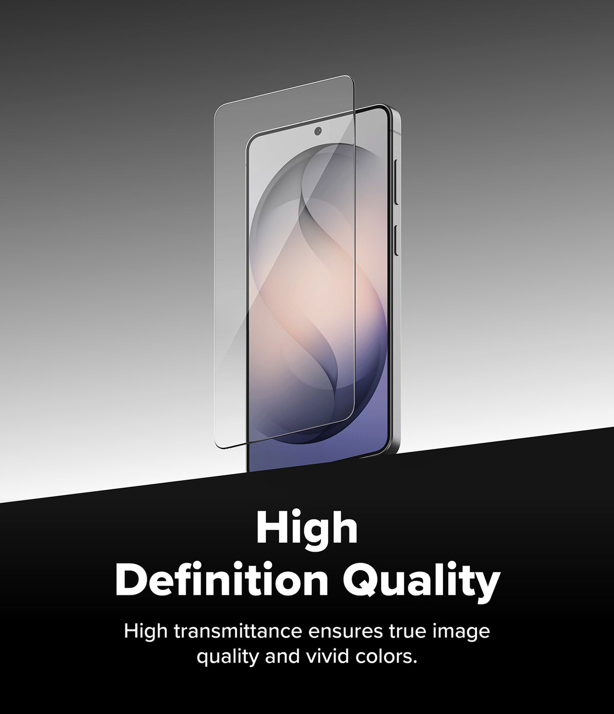 Galaxy S26 Plus Screen Protector | Easy Slide Tempered Glass - Galaxy S26 Plus Screen Protector - Transparent tempered glass hovering above a smartphone screen with high-definition text.