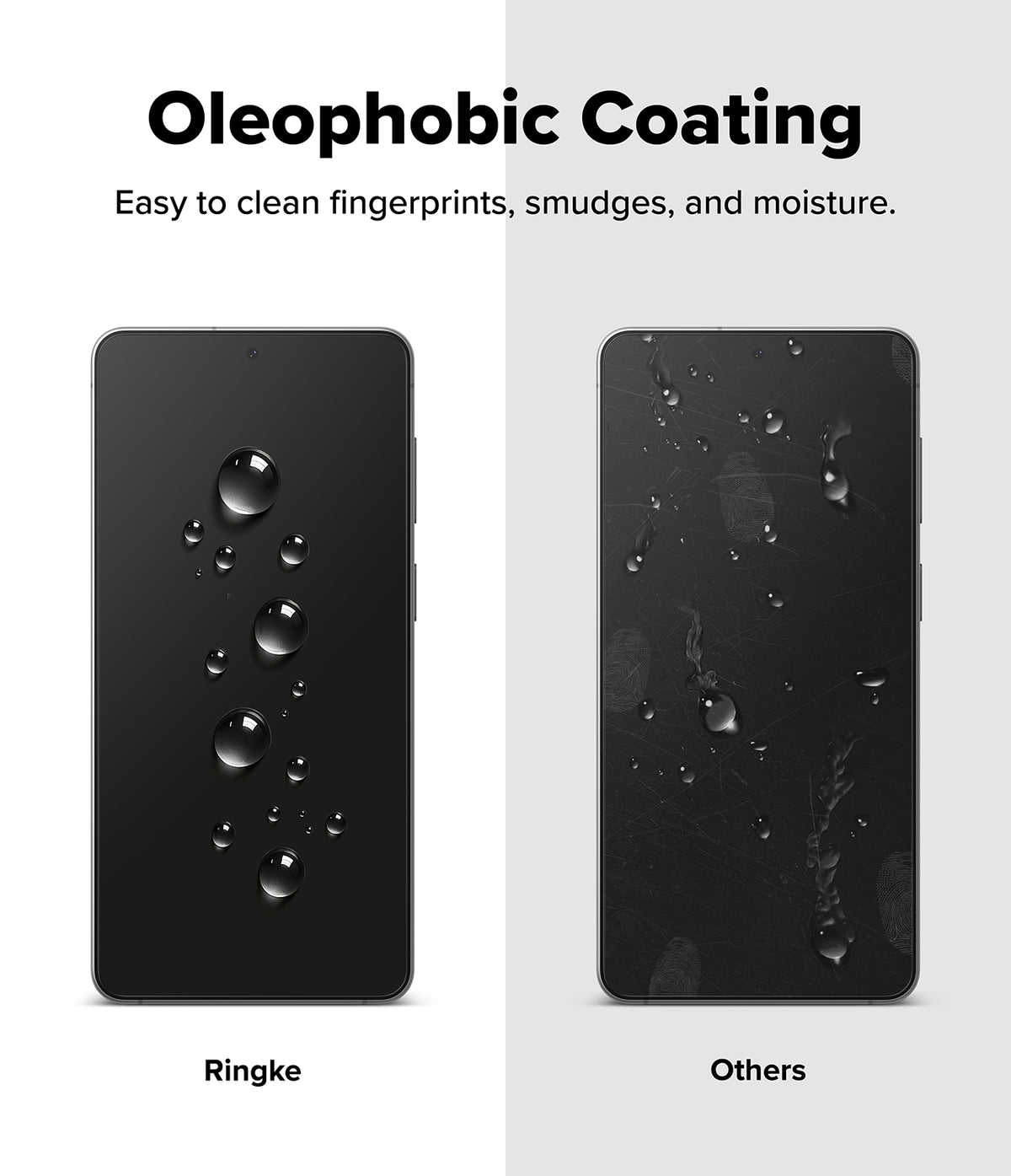 Galaxy S26 Plus Screen Protector | Easy Slide Tempered Glass - Galaxy S26 Plus Screen Protector - Comparison showing water beading on Ringke glass versus smudged, flat water on others.