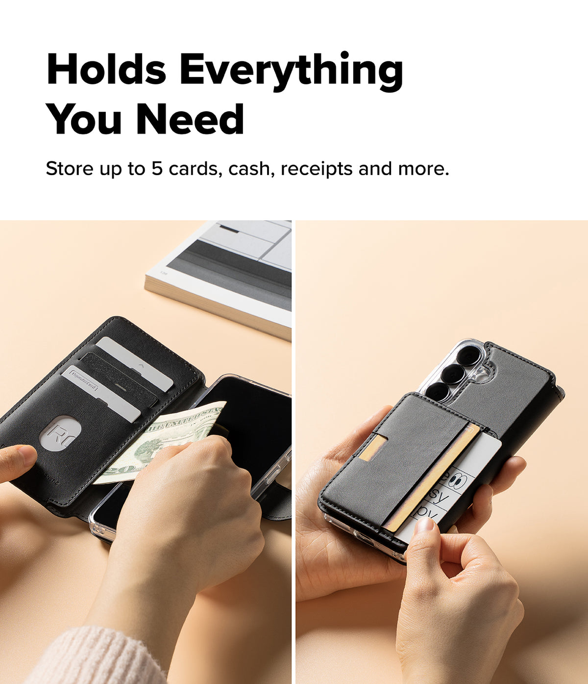 Galaxy S26 Plus Cover | Folio Stand Wallet Magnetic - Galaxy S26 Plus Cover - Black folio wallet case showing interior card slots with cash and exterior magnetic card holder.