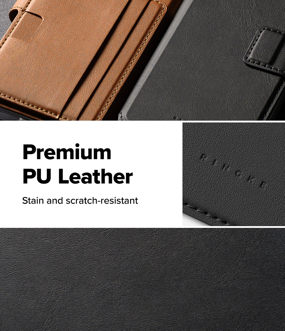 Galaxy S26 Plus Cover | Folio Stand Wallet Magnetic - Galaxy S26 Plus Cover - Close-up of tan and black PU leather folio cases with Ringke branding and textured material.