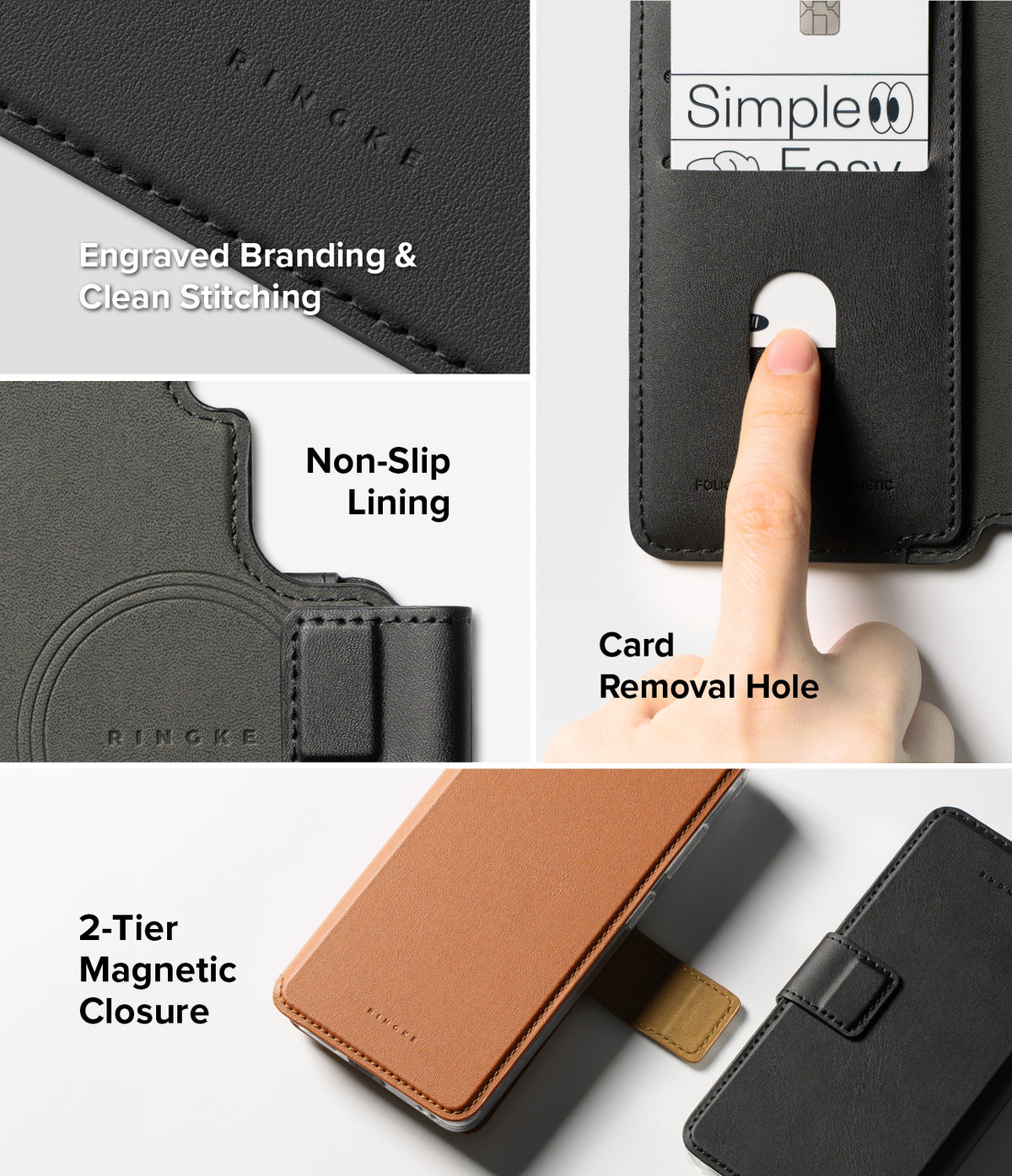 Galaxy S26 Plus Cover | Folio Stand Wallet Magnetic - Galaxy S26 Plus Cover - Features showing engraved branding, card slot with removal hole, and 2-tier magnetic closure.