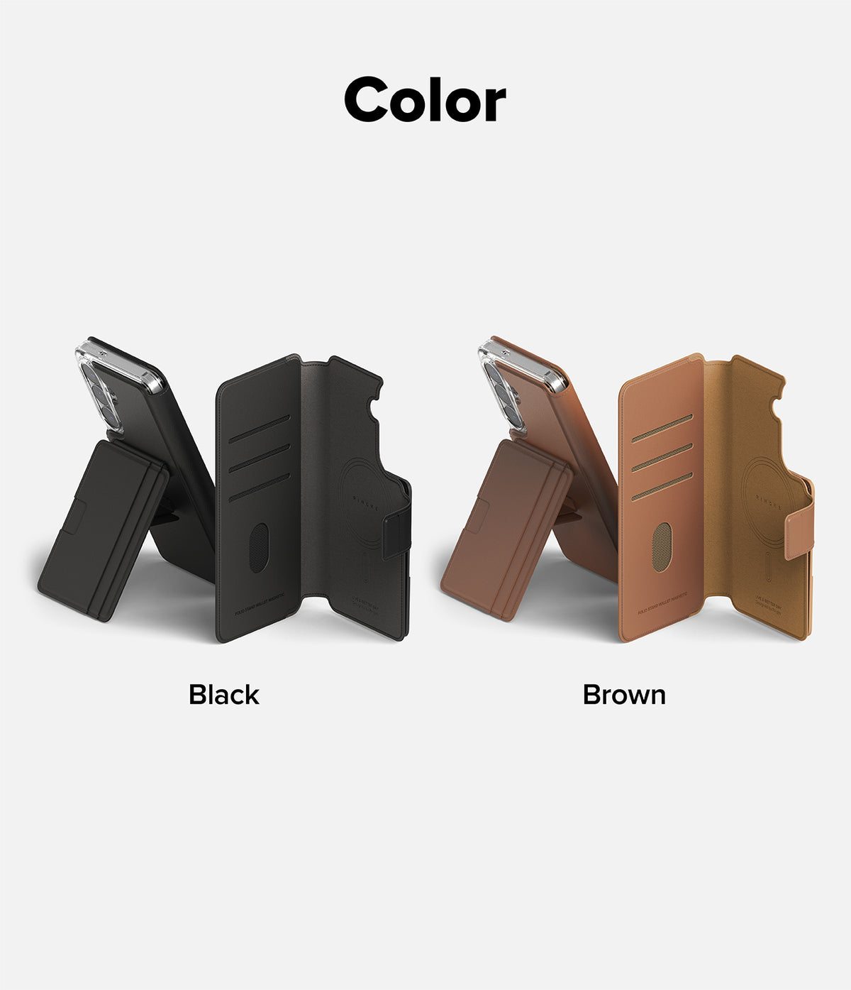 Galaxy S26 Plus Cover | Folio Stand Wallet Magnetic - Black and brown folio wallet cases with stands displayed.
