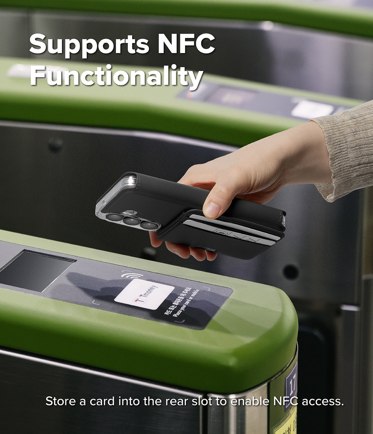 Galaxy S26 Plus Cover | Folio Stand Wallet Magnetic - Galaxy S26 Plus Cover - Hand holding a black wallet phone case over a transit gate reader to demonstrate NFC capability.