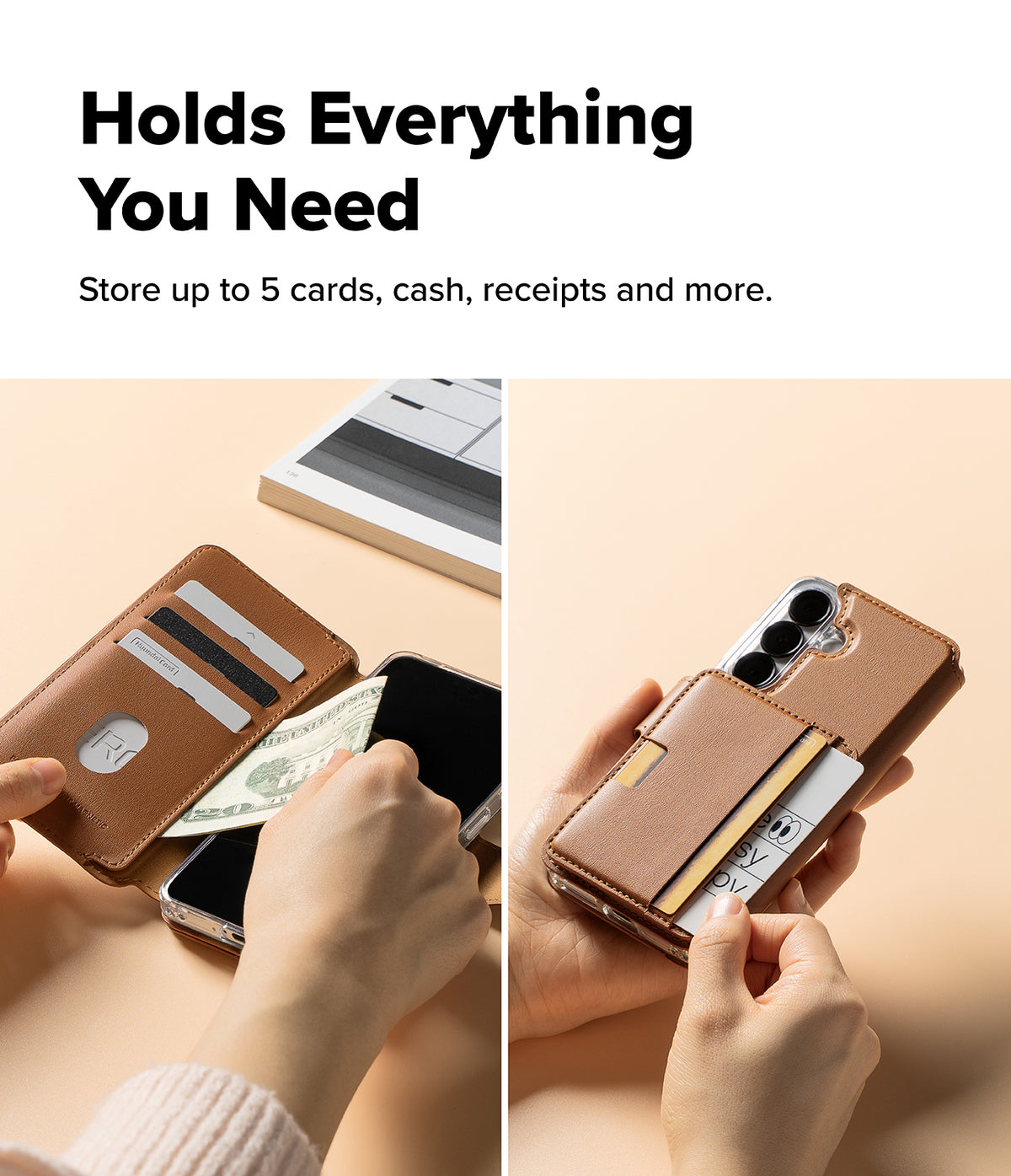 Galaxy S26 Plus Cover | Folio Stand Wallet Magnetic - Galaxy S26 Plus Cover - Tan leather folio wallet case holding cards and cash, shown open and closed on a phone.