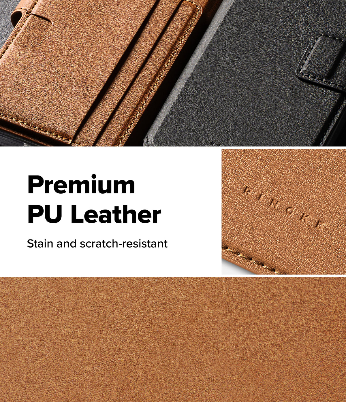 Galaxy S26 Plus Cover | Folio Stand Wallet Magnetic - Galaxy S26 Plus Cover - Close-up of tan and black PU leather wallet cases with embossed Ringke logo and stitched texture.