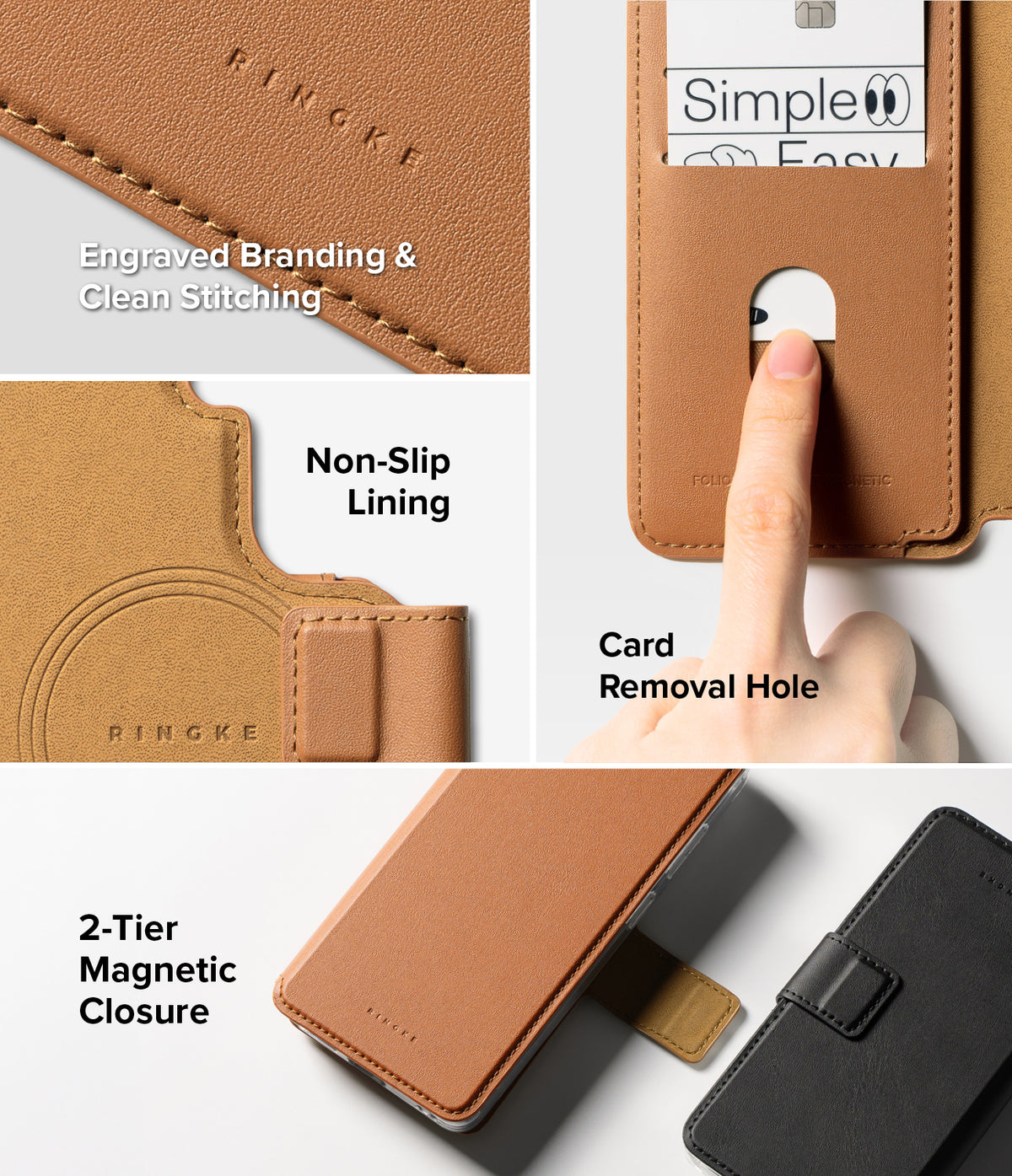 Galaxy S26 Plus Cover | Folio Stand Wallet Magnetic - Galaxy S26 Plus Cover - Brown folio wallet case showing branding, card slot, non-slip lining, and magnetic closure features.
