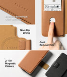 Galaxy S26 Plus Cover | Folio Stand Wallet Magnetic - Galaxy S26 Plus Cover - Brown folio wallet case showing branding, card slot, non-slip lining, and magnetic closure features.