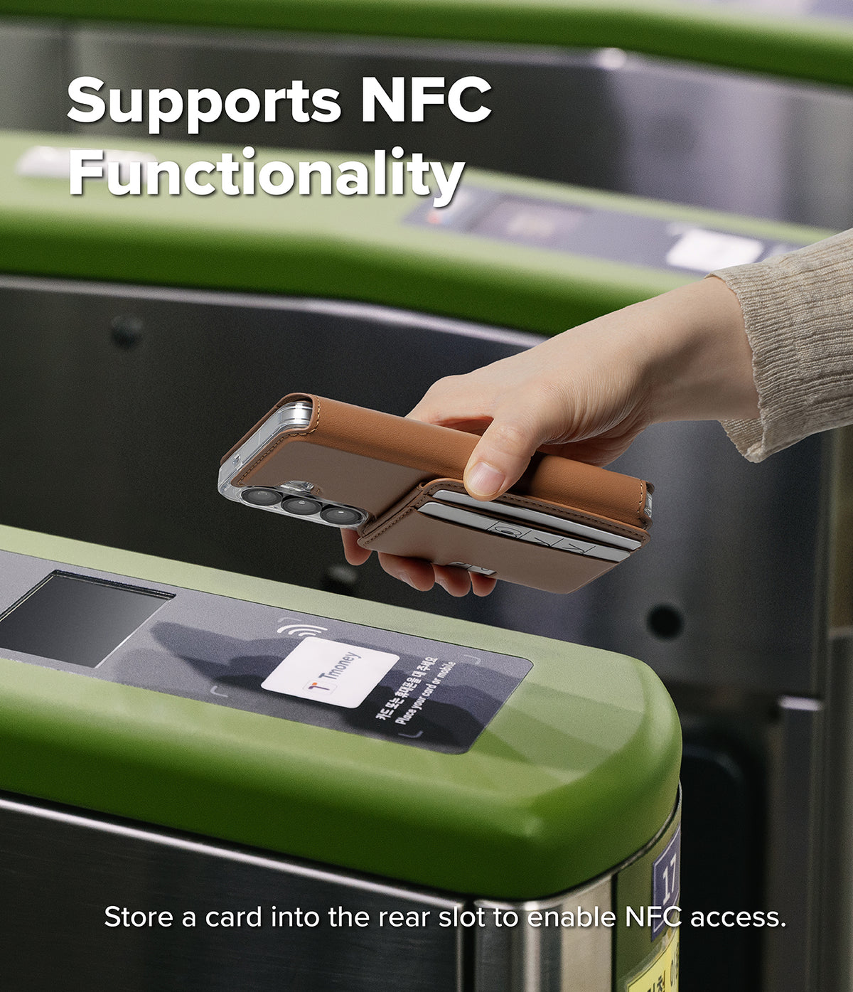 Galaxy S26 Plus Cover | Folio Stand Wallet Magnetic - Galaxy S26 Plus Cover - A hand holding a brown wallet phone case over a subway turnstile to demonstrate NFC functionality.