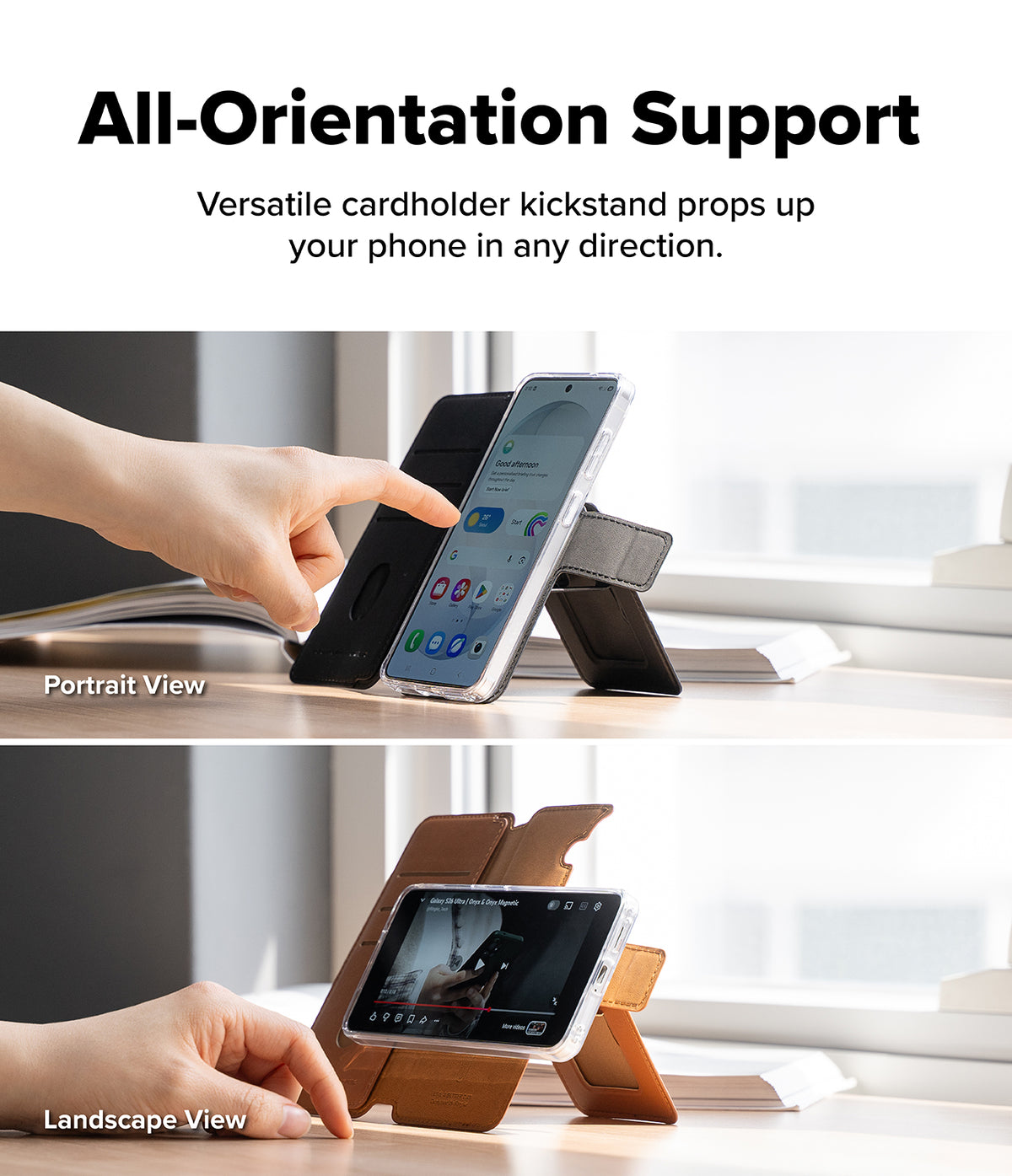 Galaxy S26 Plus Cover | Folio Stand Wallet Magnetic - Galaxy S26 Plus Cover - Phone in a folio wallet case propped up in both portrait and landscape orientations on a desk.