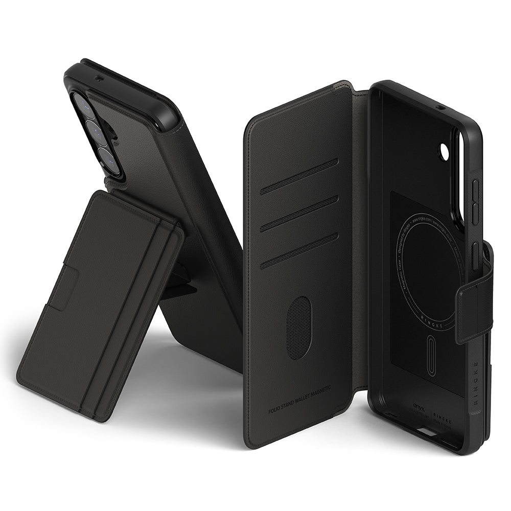 [Combo] Galaxy S26 Plus | Folio Stand Wallet Magnetic + Onyx Magnetic - Black magnetic wallet case and folio stand.