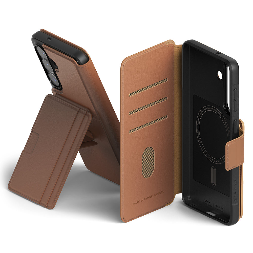 [Combo] Galaxy S26 Plus | Folio Stand Wallet Magnetic + Onyx Magnetic - Brown leather wallet case and black magnetic case.
