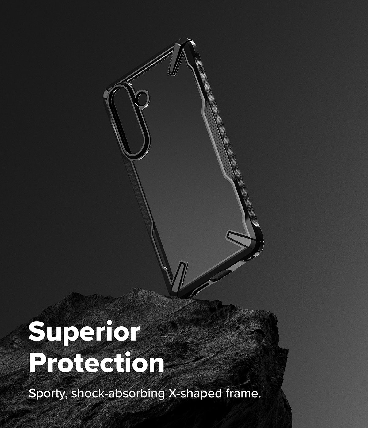 Galaxy S26 Plus Case | Fusion-X - Black protective phone case with a shock-absorbing X-shaped frame resting on a dark rock.
