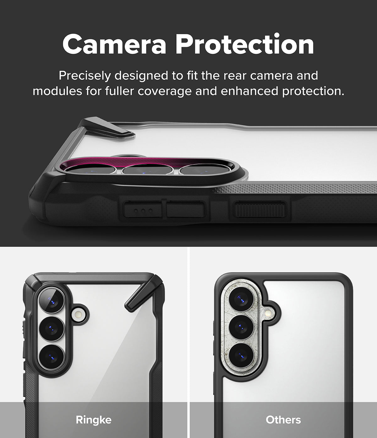 Galaxy S26 Plus Case | Fusion-X - Comparison showing the Fusion-X case providing full camera module coverage versus others.