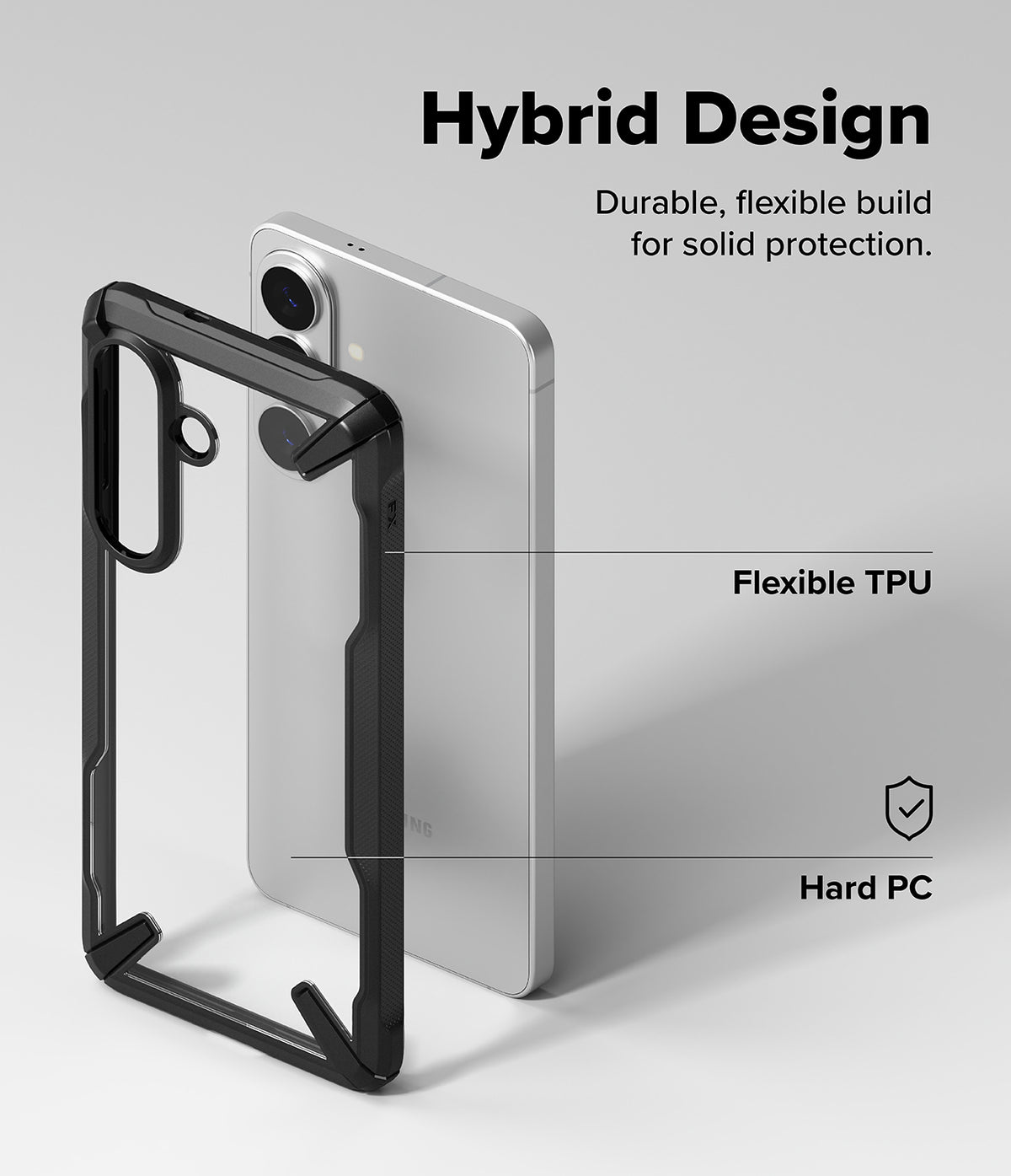 Galaxy S26 Plus Case | Fusion-X - Exploded view of a phone case showing flexible TPU and hard PC layers for hybrid protection.