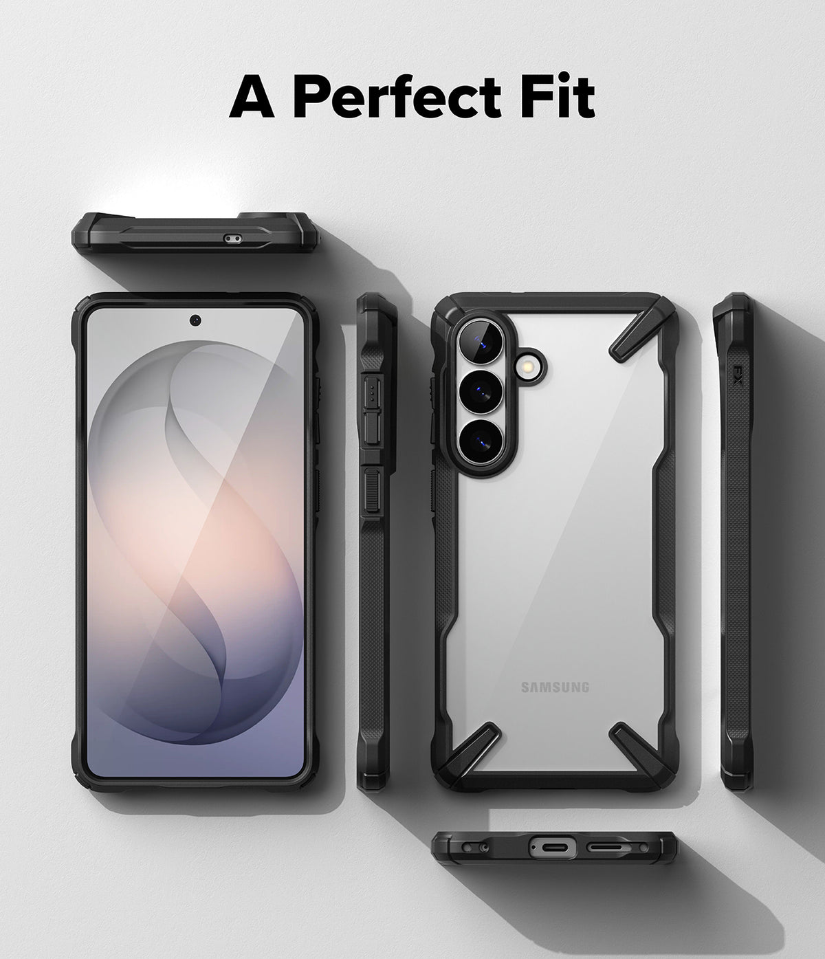 Galaxy S26 Plus Case | Fusion-X - Multiple views of a black Fusion-X phone case on a Galaxy S26 Plus against a white background.