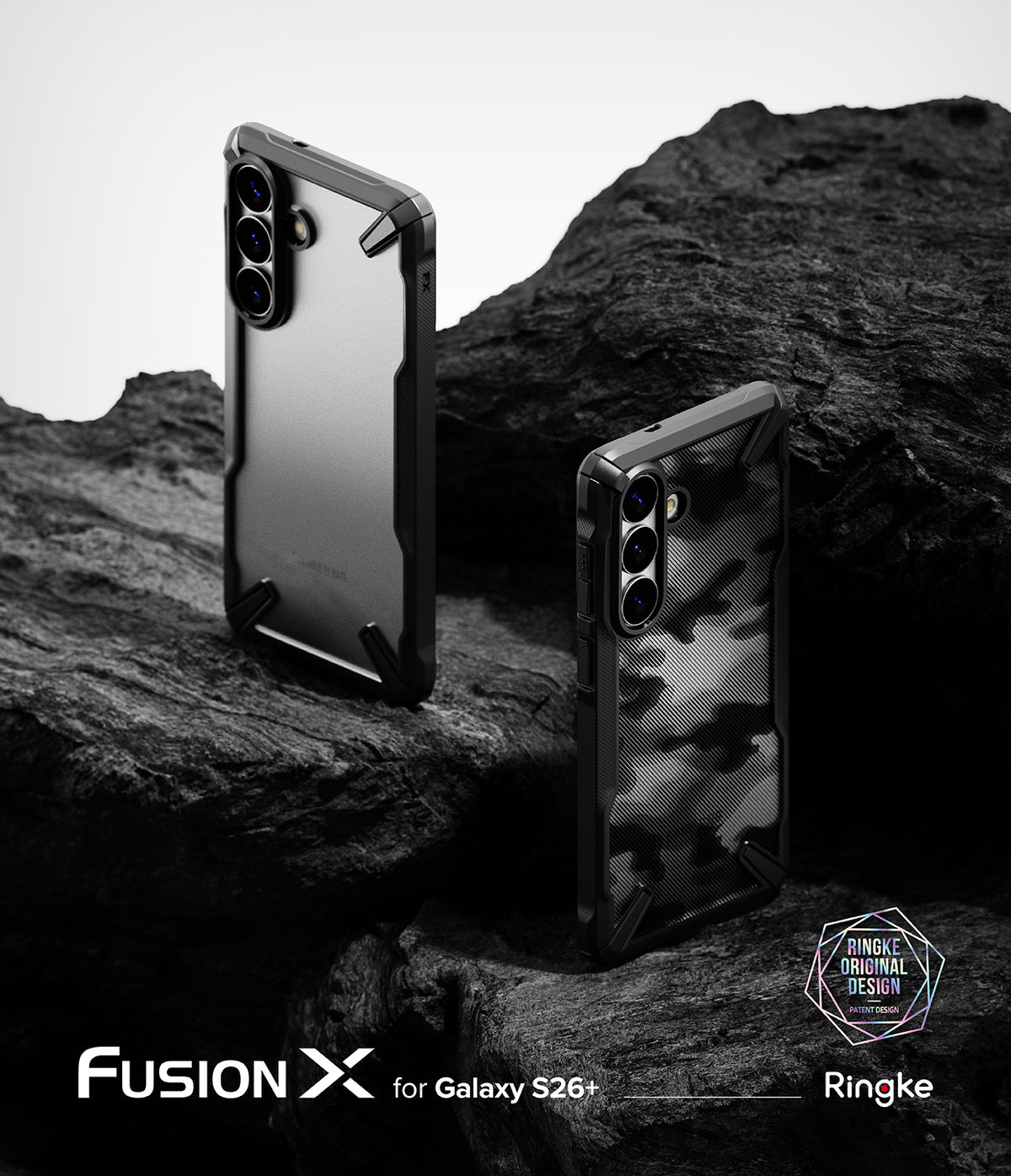 Galaxy S26 Plus Case | Fusion-X - Two Fusion-X phone cases on dark, rugged rock, one matte and one with a camo pattern.