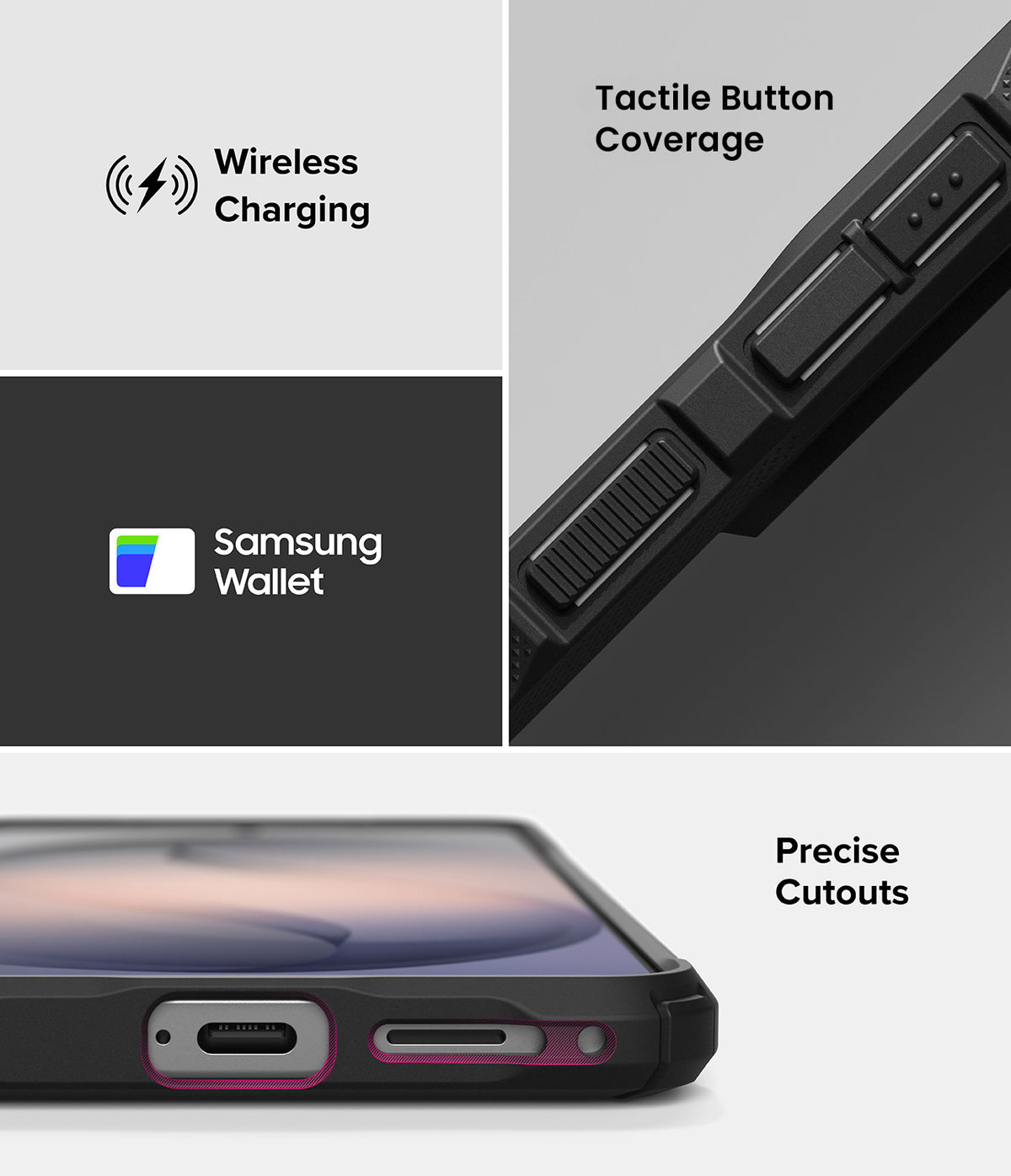 Galaxy S26 Plus Case | Fusion-X - Close-up of phone case features including tactile buttons, wireless charging, and precise port cutouts.