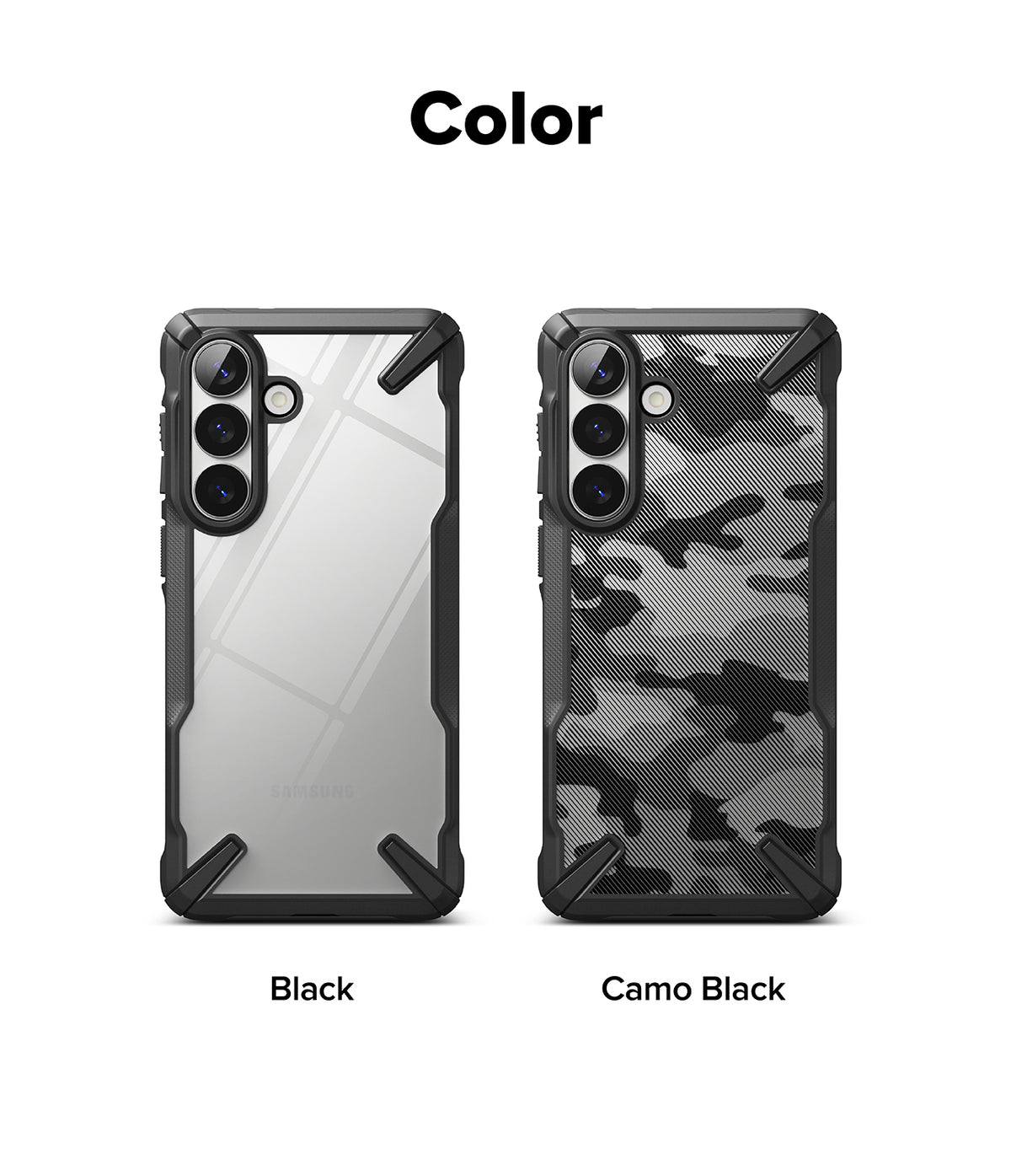 Galaxy S26 Plus Case | Fusion-X - Two phone cases shown in clear and camo black patterns with reinforced corner bumpers.