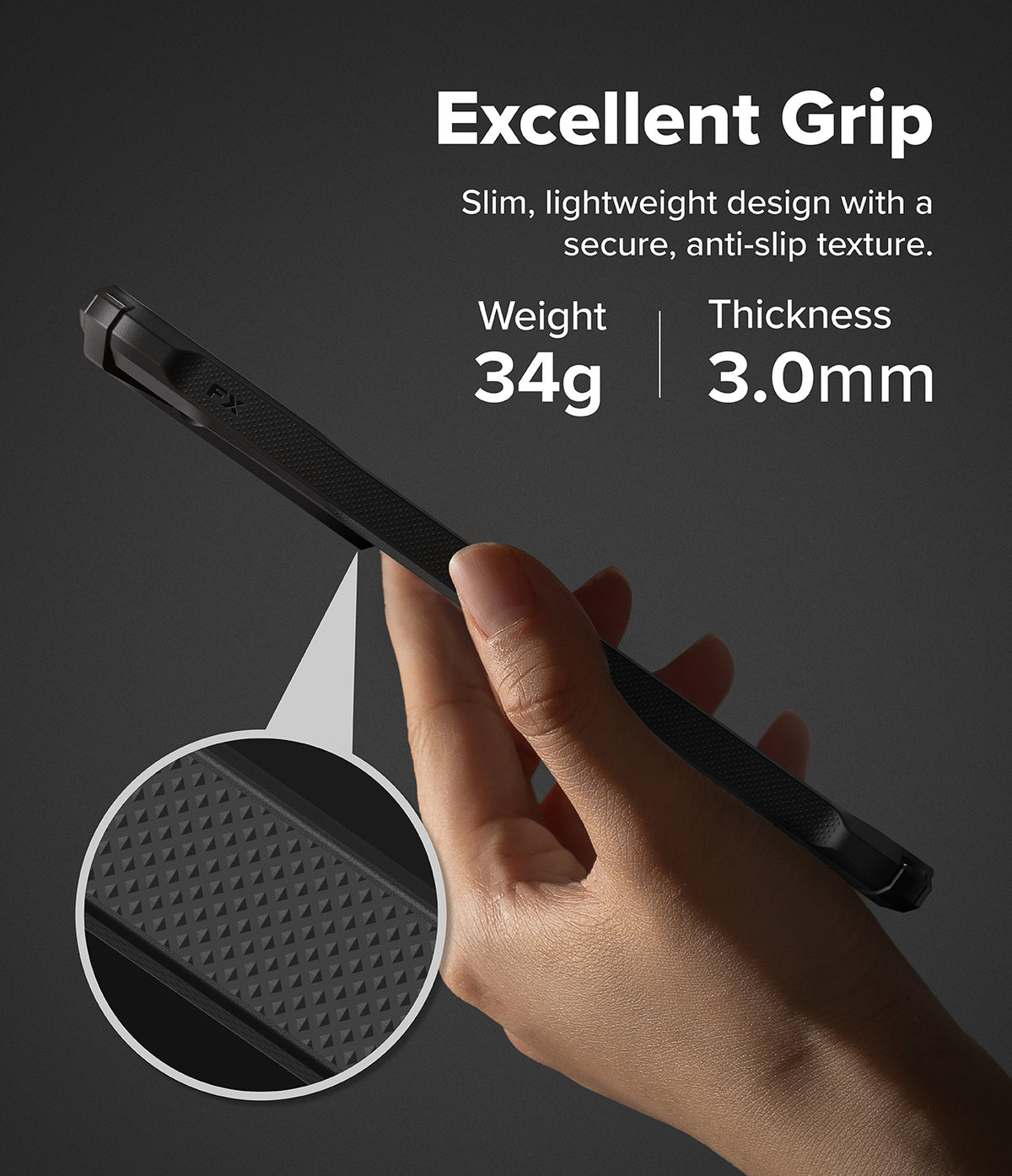 Galaxy S26 Plus Case | Fusion-X - Hand holding a black phone case with a magnified view of the textured, anti-slip side grip.