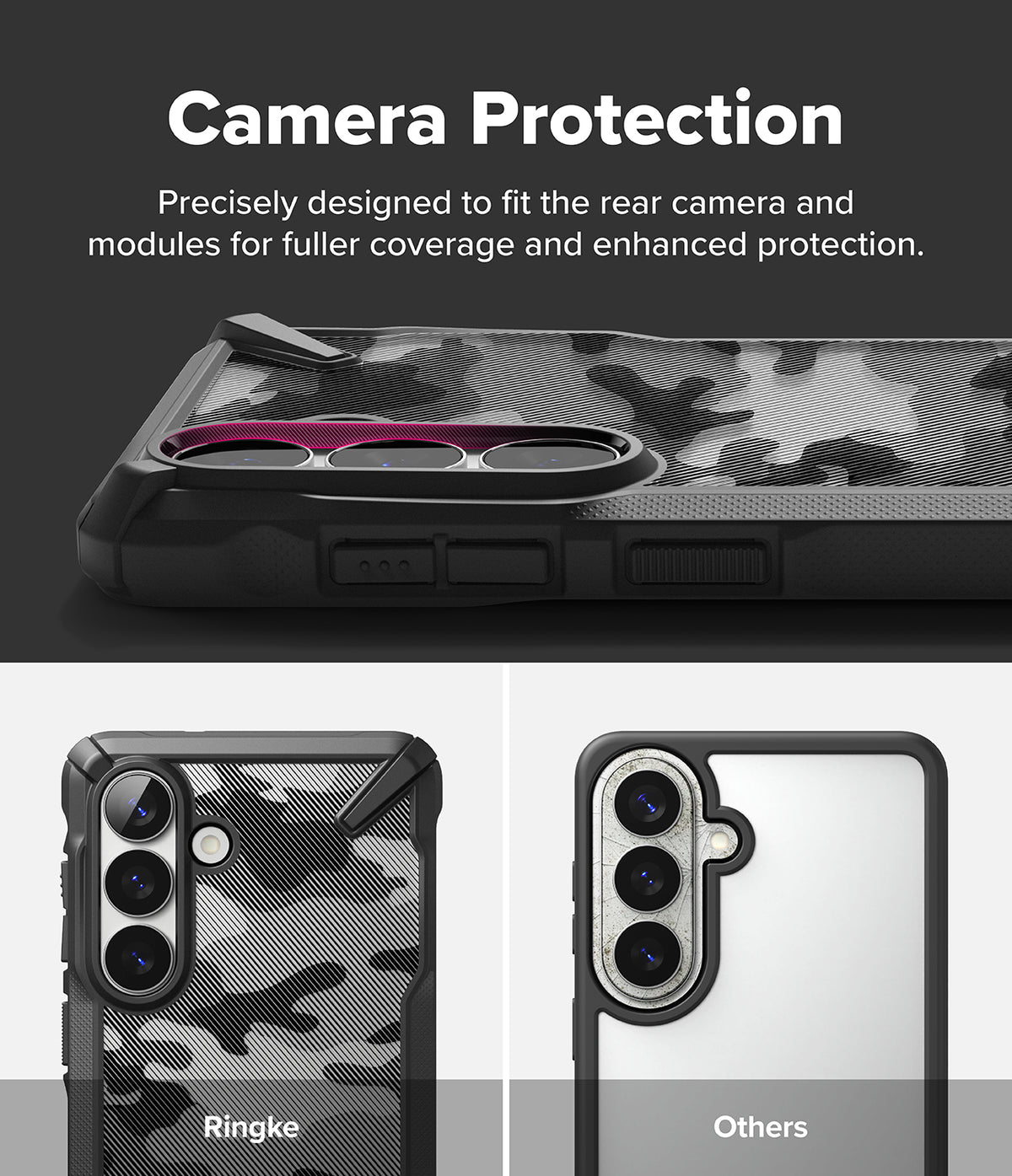 Galaxy S26 Plus Case | Fusion-X - Comparison showing the Fusion-X case providing full camera module coverage versus others.