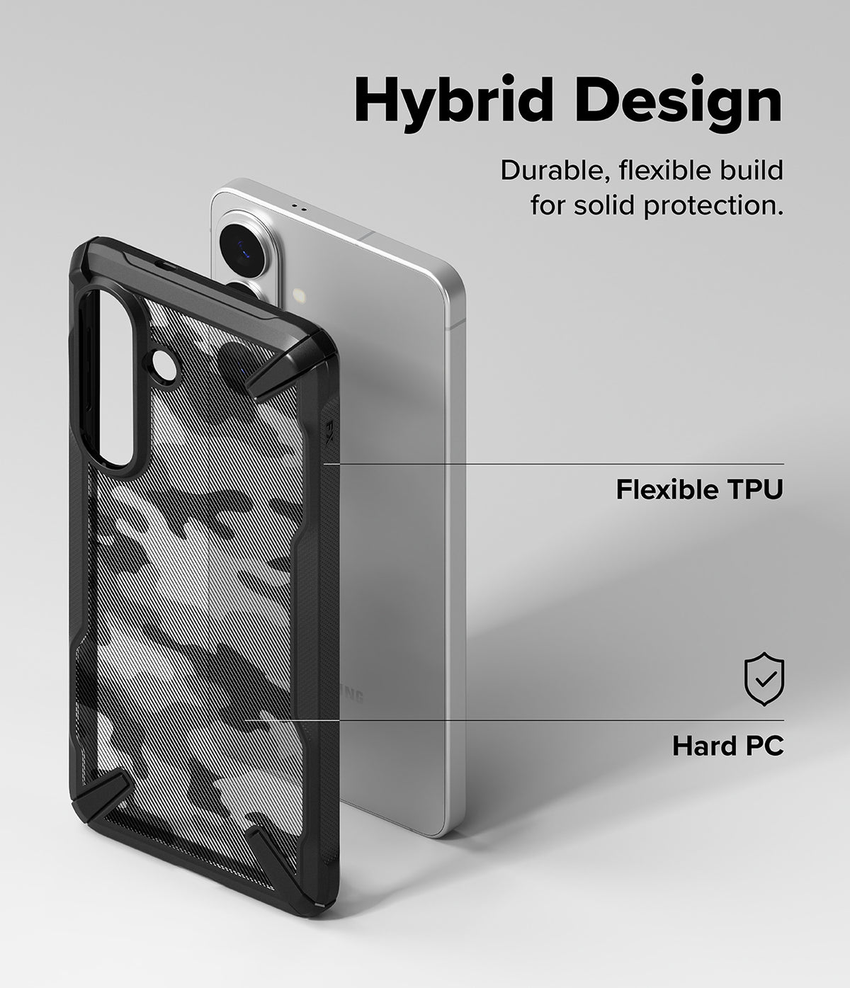 Galaxy S26 Plus Case | Fusion-X - Exploded view of a phone case showing flexible TPU and hard PC layers for hybrid protection.